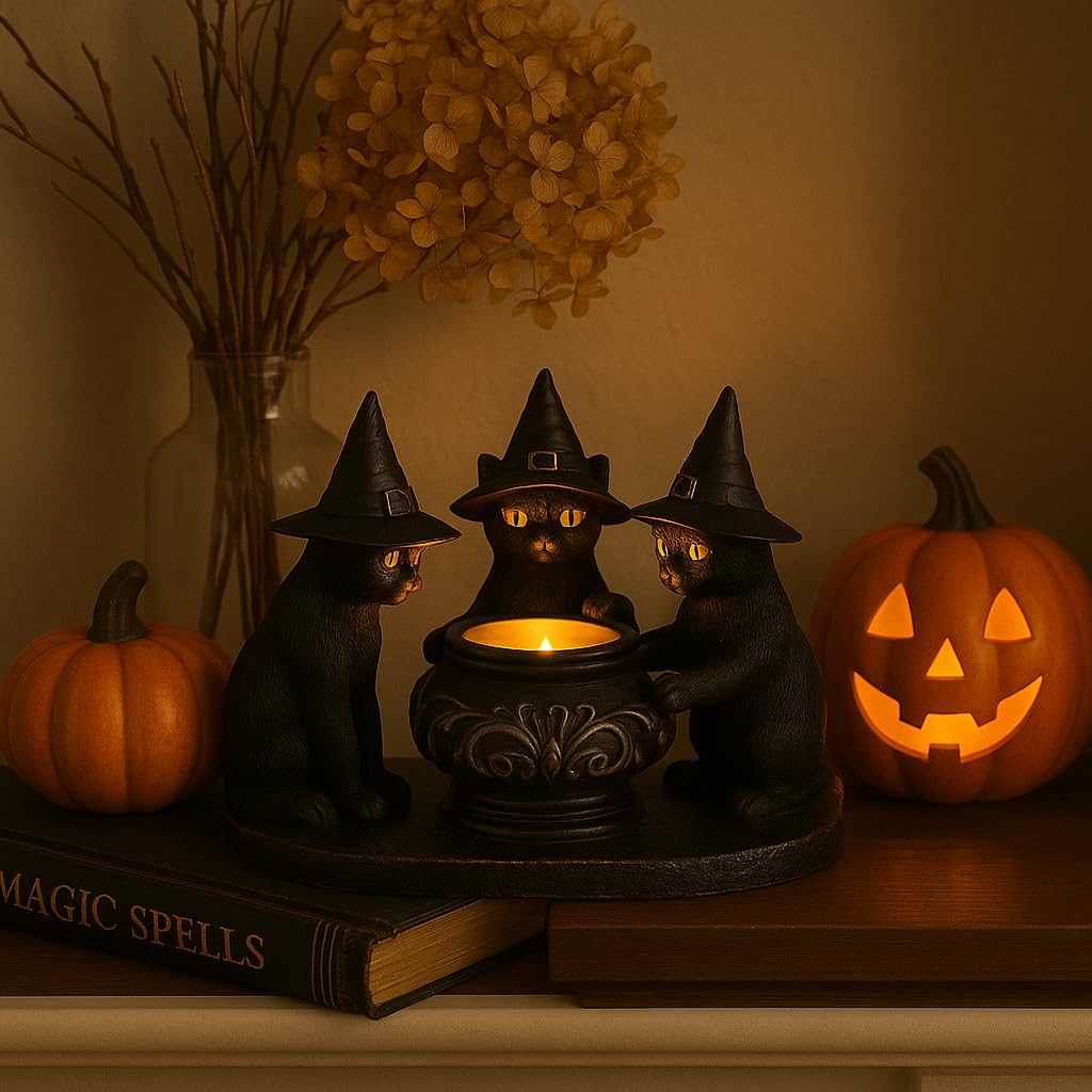 Halloween Black Cat Candle Holder, Cute Halloween Table Decor & Mantel Decoration (Black)
