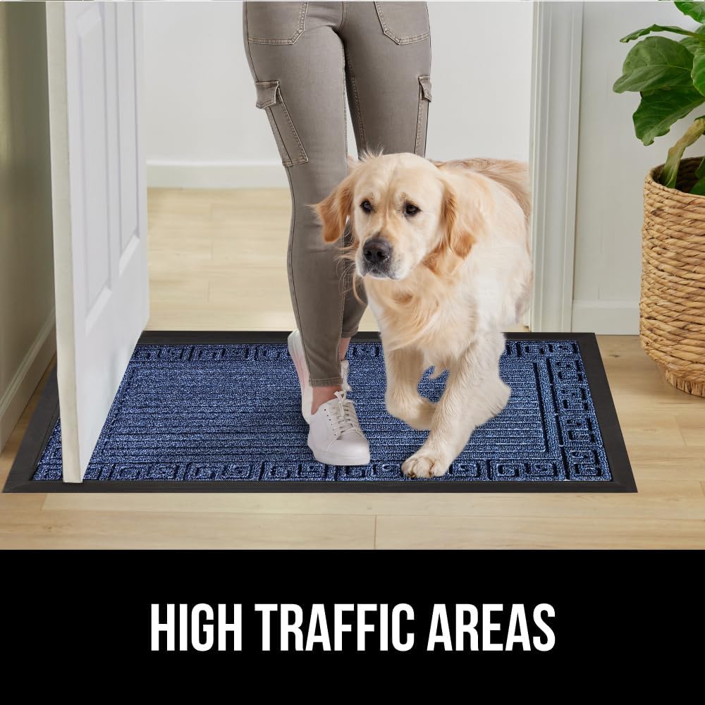 GORILLA GRIP 100% Waterproof All-Season WeatherMax Doormat, 47x35, US Designed Natural Rubber, Stain and Fade Resistant, Low Profile Indoor Outdoor Door Mats, Easy Clean Patio Mat, Navy Greek Keys