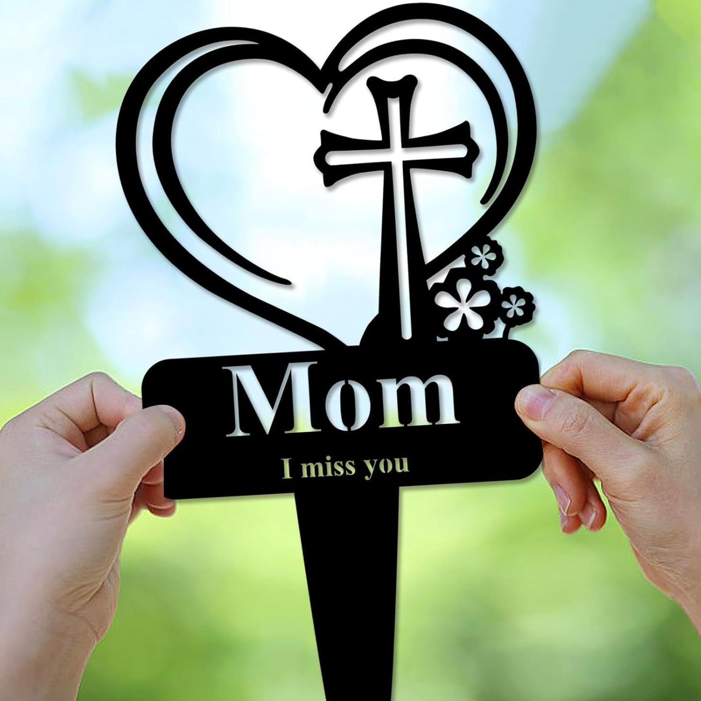 Mom Memorial Grave Stake, Cemetery Decorations for Grave Markers 12.5 x 7.2 inch Heart Metal Sympathy Stakes Graveside Plaque Decor Sign for Mother Graves, Yard, Garden - Black-Mom