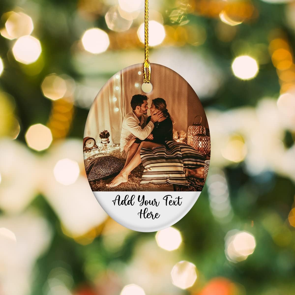 Custom Christmas Ornament with Photo Picture Personalized Oval Shaped Ceramic Ornament Pictures Photos Text Message Keepsake Decorations for Couple Family Friends Gifts Xmas Tree Decor Gift