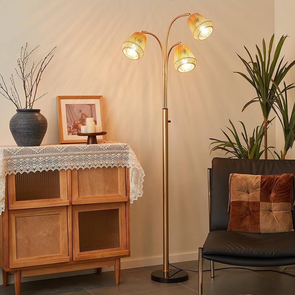 Gold Rattan Floor Lamp for Living Room, 72 Inch Tall Boho Floor Lamp with Rotary Switch, 3 Lights Arc Lamp with Wicker Shade for Coastal,Bohemian,Modern,Tree Farmhouse Standing Lamp