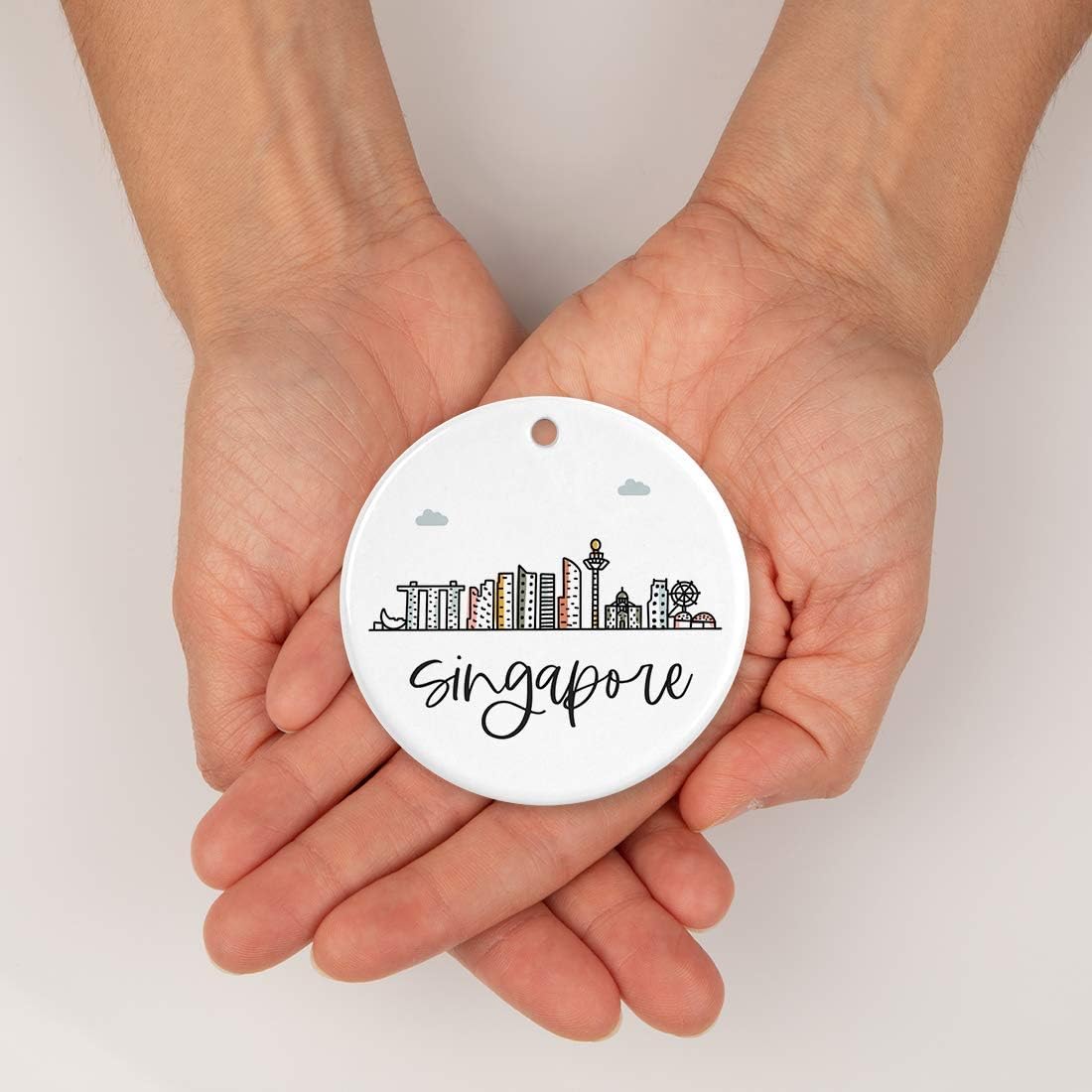 Andaz Press Round Ceramic Porcelain Christmas Tree Ornament Keepsake Gift, Singapore, Colorful International City Skyline Graphic, 1-Pack, Birthday Ideas Family Coworker Him Her, Gift Box
