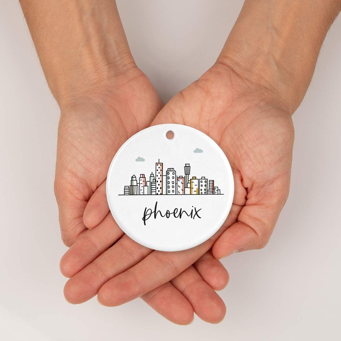 Andaz Press Round Ceramic Porcelain Christmas Tree Ornament Keepsake, Phoenix Colorful City Skyline Graphic, 1-Pack, Birthday Gift Ideas Family Coworker Him Her, Includes Gift Box