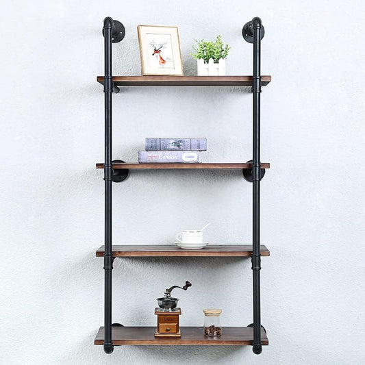 Industrial Pipe Shelving Wall Mounted,24in Rustic Metal Floating Shelves,Steampunk Real Wood Book Shelves,Wall Shelf Unit Bookshelf Hanging Wall Shelves,Farmhouse Kitchen Bar Shelving(4 Tier)