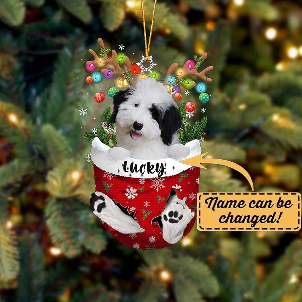 Sheepadoodle Dog Christmas Ornament, Sheepadoodle in Snow Pocket Christmas Tree Ornament, Dog Lovers Gift Idea Xmas Decor, Christmas Decorations for Tree, Christmas Ornament Gift for Dog Lovers
