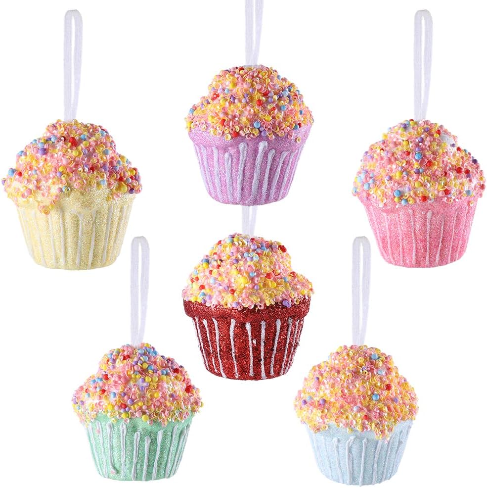 Cupcake Party Decorations Ornaments,6pcs Hanging Christmas Tree Candy Ornaments, Macaron Color Mini Dessert Cupcake Pendant Set for Xmas New Year Birthday Home Party Supplies (Cake)