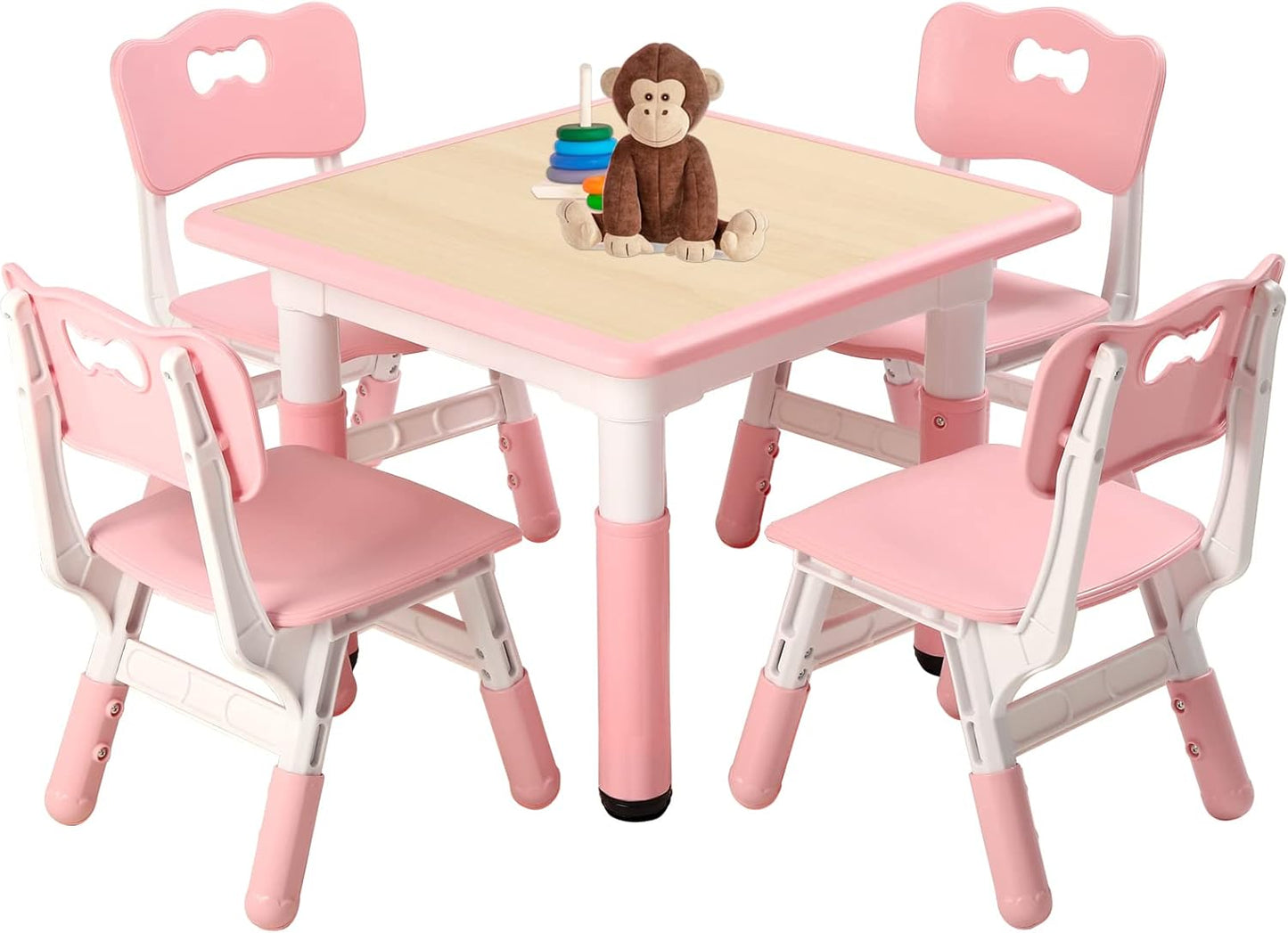 FUNLIO Kids Table and 4 Chairs Set, Height Adjustable Toddler Table and Chair Set for Ages 3-8, Easy to Wipe Arts & Crafts Table, for Classrooms/Daycares/Homes, CPC & CE Approved (5-Piece Set) - Pink