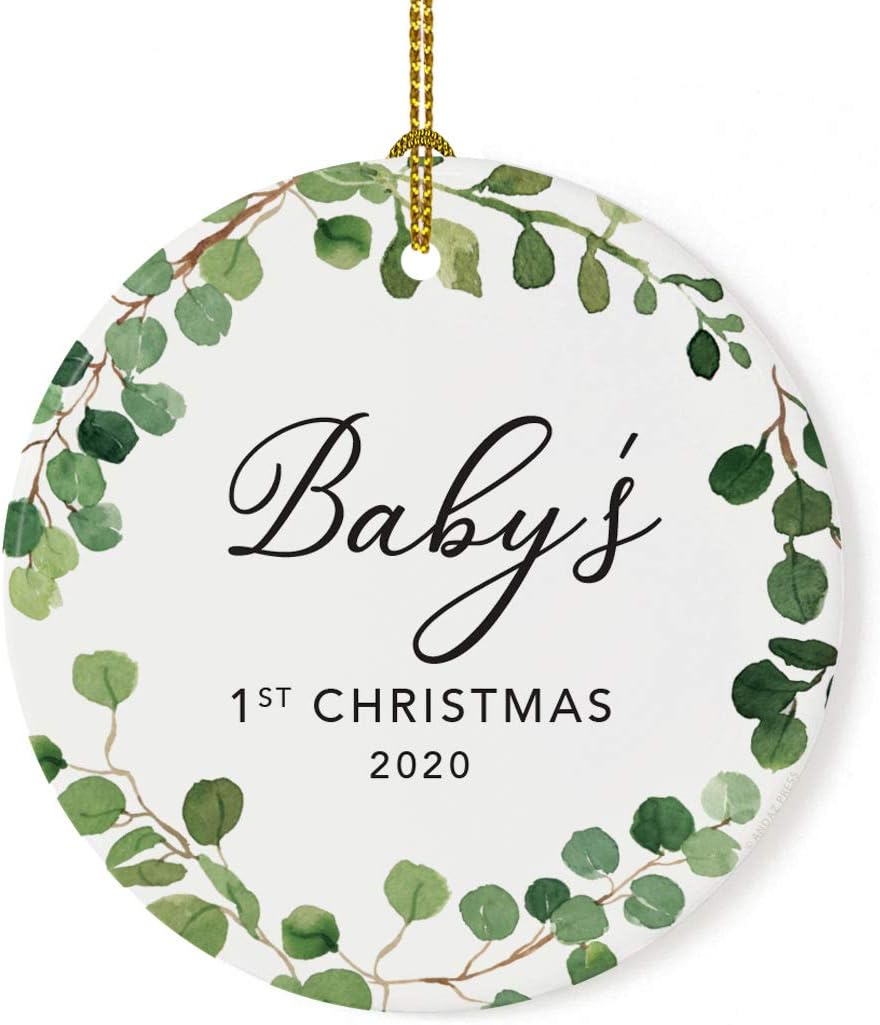Andaz Press Custom Year Round Ceramic Porcelain Christmas Tree Ornament Keepsake Collectible Gift, Baby's 1st Christmas 2025, Farmhouse Eucalyptus Wreath, 1-PackBaby Shower New Mom Gift Ideas