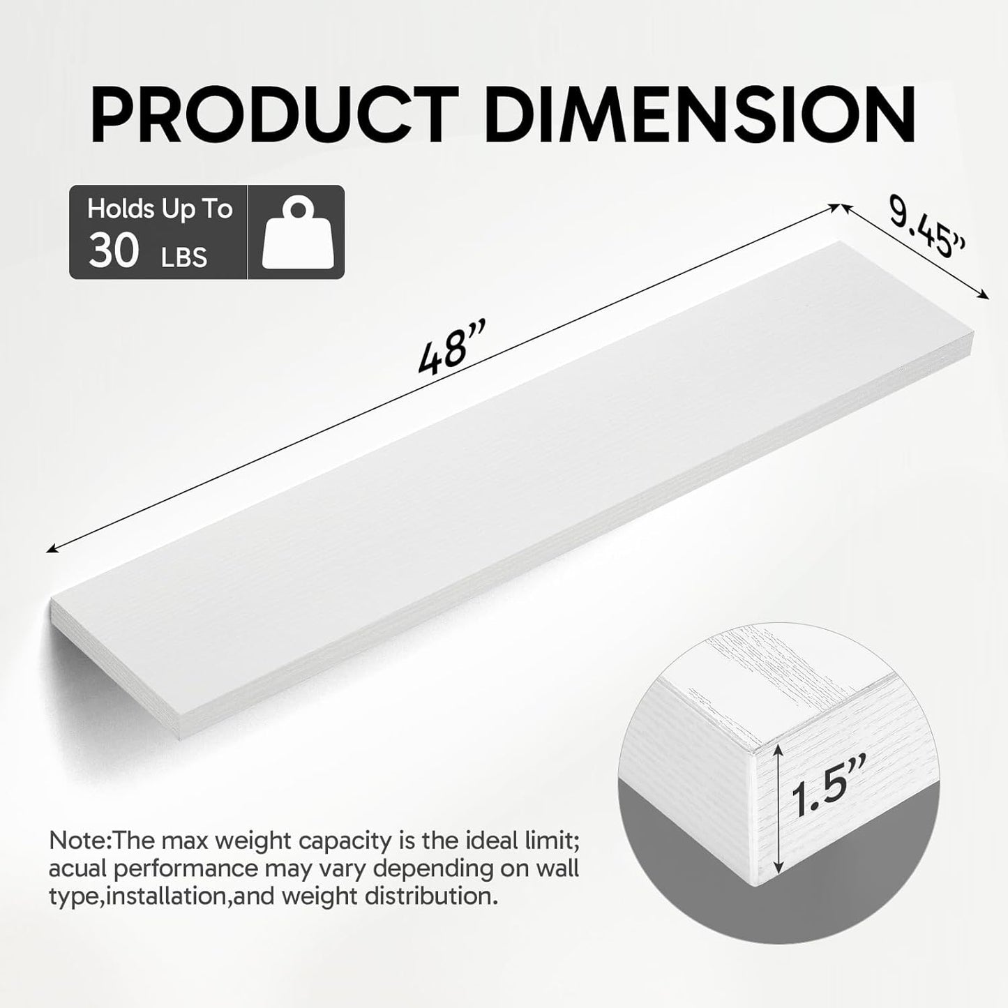 BAYKA Floating Shelves, 48 inches Long Heavy Duty Wall Mounted Rustic Wood Shelves for Bathroom, Bedroom, Living Room, Kitchen, Office, Hanging Shelf for Books/Storage/Decor(White,Set of 2)