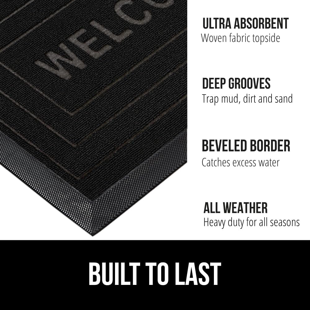 GORILLA GRIP 100% Waterproof All-Season WeatherMax Doormat 35x23, US Designed Natural Rubber, Stain and Fade Resistant, Low Profile Indoor Outdoor Door Mats, Easy Clean Patio Mat, Black Welcome