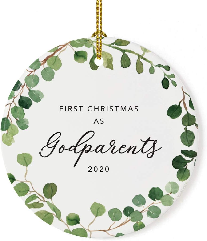 Andaz Press Custom Year Round Ceramic Porcelain Christmas Tree Ornament Keepsake Collectible Gift, First Christmas as Godparents 2025, Farmhouse Eucalyptus Wreath, 1-PackNew
