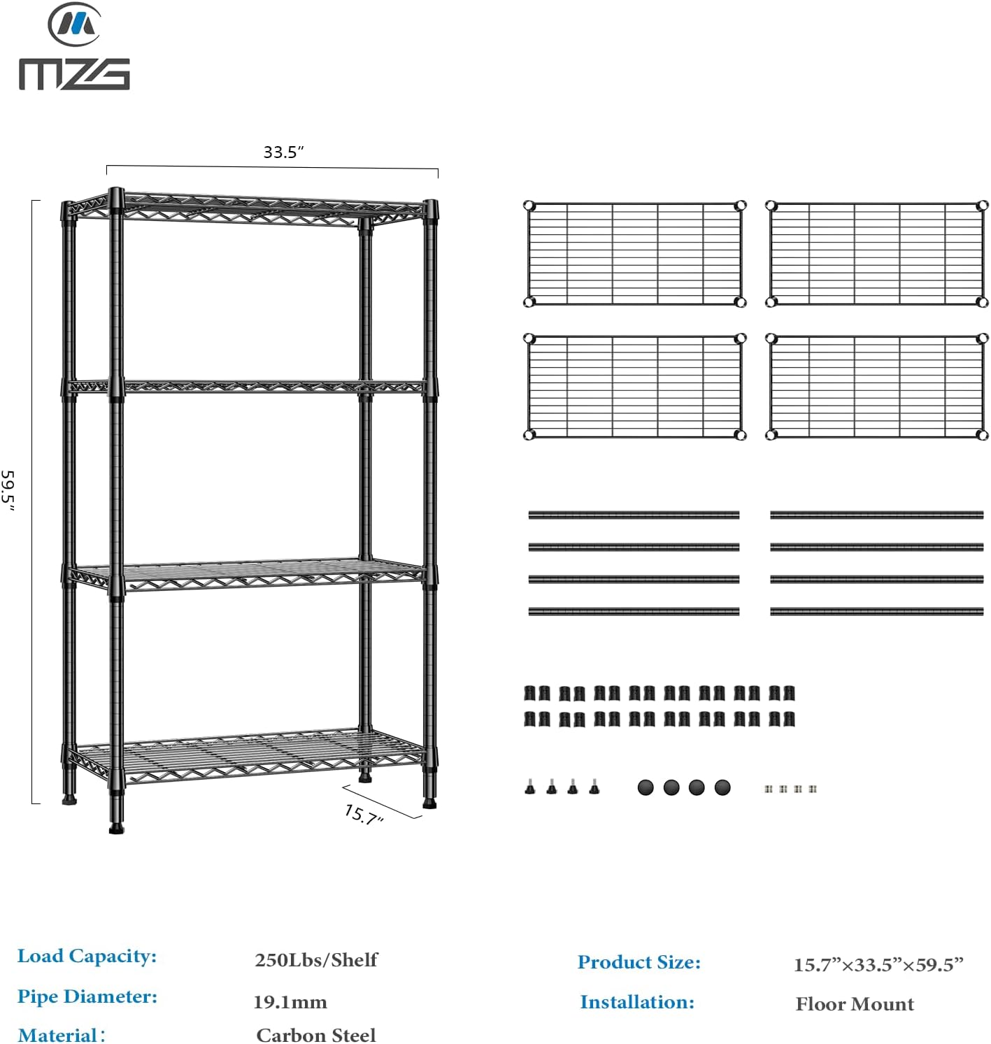 1000 lbs 4 Tier Shelf Metal Storage Shelves Shelving Wire Rack Heavy Duty Closet Organizers for Garage Kitchen Bathroom Laundry Black 15.7" D x 33.5" W x 59.5" H