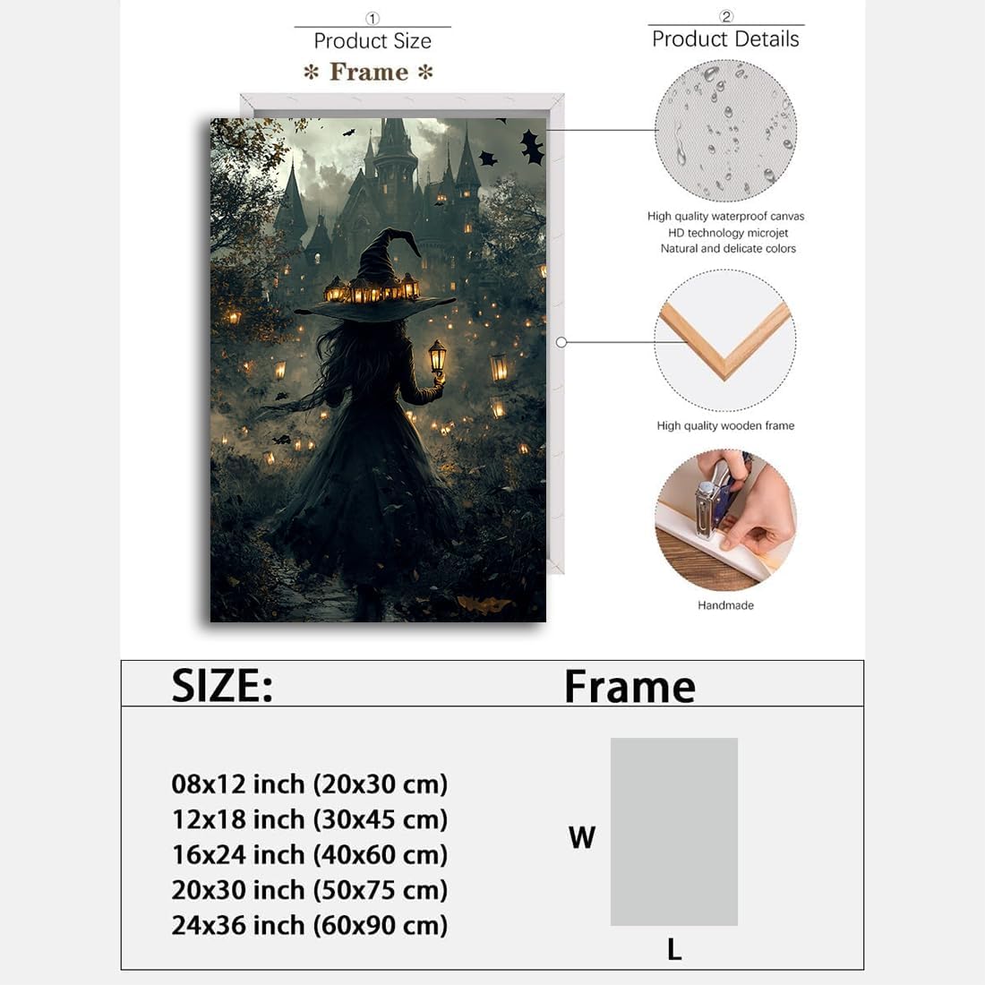 Halloween Witch and Haunted House Canvas Wall Art,Dark Academia Scary Witch Castle Posters Prints,Thriller Horror Gothic Wall Decor Pictures for Halloween Party House Decoration,20"x30" Framed