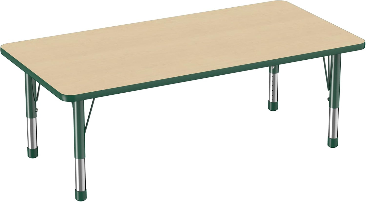 Factory Direct Partners FDP Rectangle Activity School and Classroom Kids Table (30 x 60 inch), Toddler Legs, Adjustable Height 15-24 inches - Maple Top and Green Edge