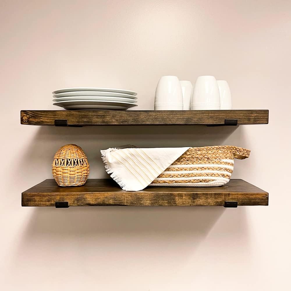Rustic Shelves with J-Brackets Set of 2, Industrial Shelf, Kitchen Shelves, Solid Wood, Decorative Wall Storage, Heavy Duty, URBANDI (Dark Brown, 48Wx8D)