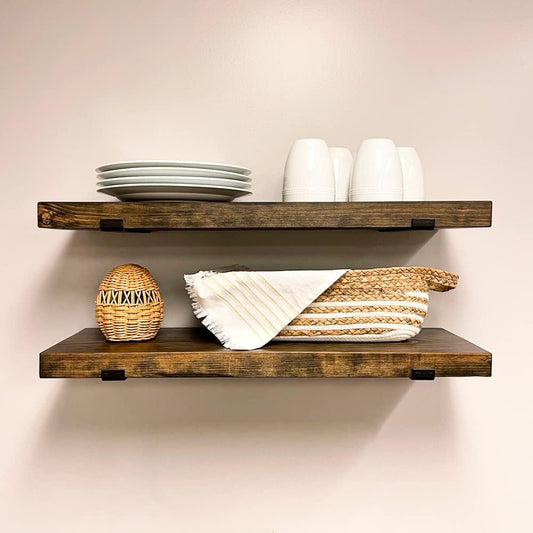 Rustic Shelves with J-Brackets Set of 2, Industrial Shelf, Kitchen Shelves, Solid Wood, Decorative Wall Storage, Heavy Duty, URBANDI (Dark Brown, 24Wx8D)