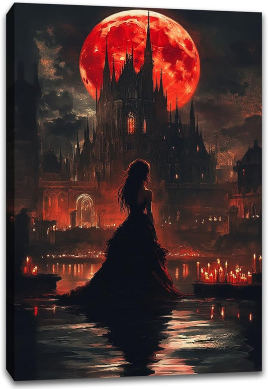 Halloween Witch Poster Canvas Prints Art Vintage Decor,Red Castle Blood Moon and Witch Scene Gothic Painting,Rustic Dark Academia Wall Art for Bathroom Spooky Living Room Wall Decor,24"x36" Framed