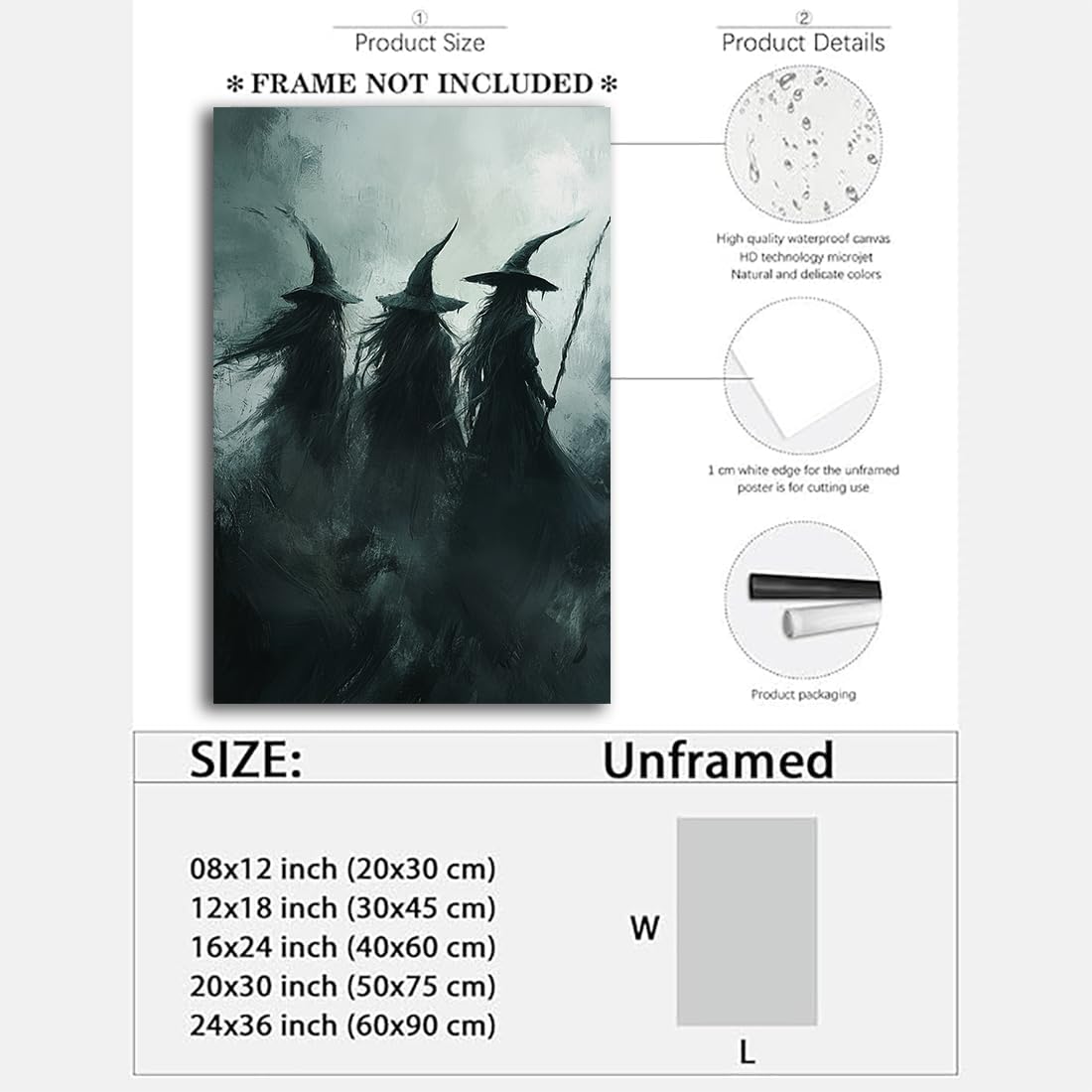 Gothic Witchs Horror Halloween Wall Art,Three Witches in Moody Forest Painting Wall Decor,Autumn Spooky Witches Forest Canvas Printing For Gallery Living Room Bedroom,20"x30" Unframed