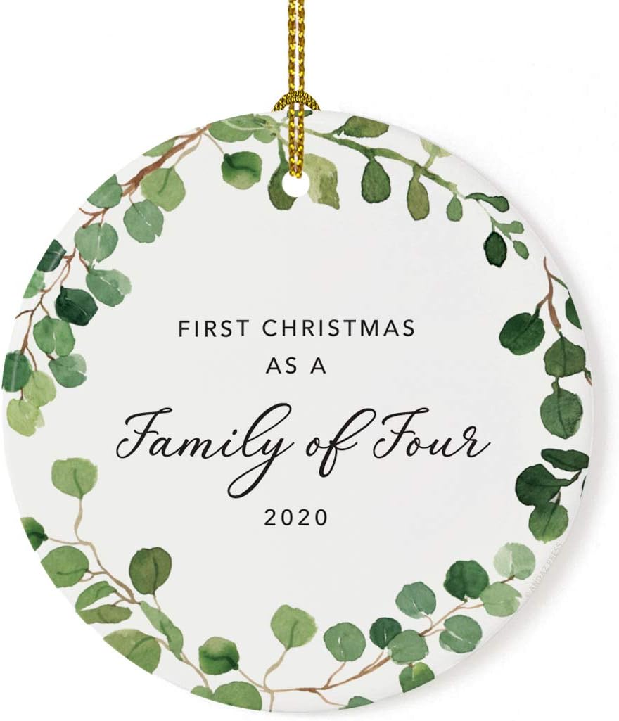 Andaz Press Custom Year Round Ceramic Porcelain Christmas Tree Ornament Keepsake Collectible Gift, First Christmas as a Family of Four 2025, Farmhouse Eucalyptus Wreath, 1-PackNew