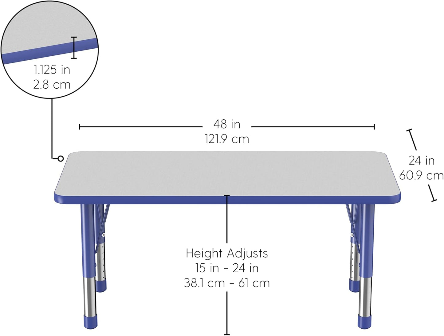 FDP Rectangle Activity School and Kids Classroom Table (24 x 48 inch), Toddler Legs, Adjustable Height 15-24 inches - Gray Top and Blue Edge