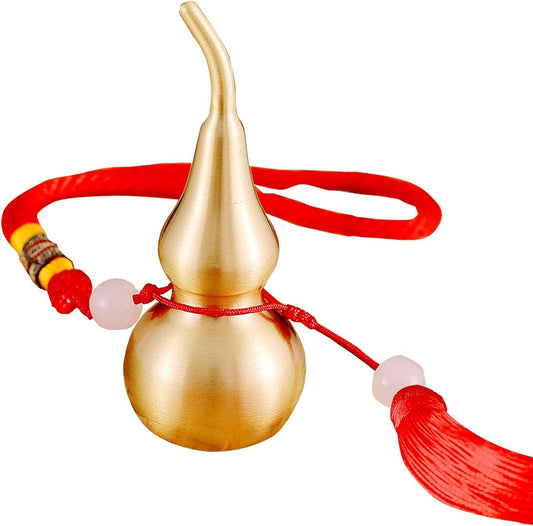 Feng Shui Brass Wu Lou Golden Gourd with Red Luck Strip Treasure Pendant for Bedroom,Car Hanging Ornaments,Fortune Protection,Hu Lu Bring Good Luck Safty Success,2.75inch Tall,Full Brass