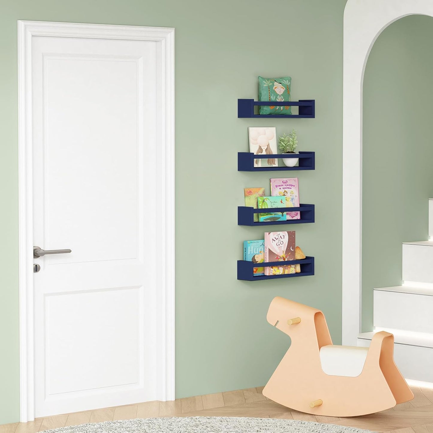 Forbena Navy Blue Floating Book Shelves for Nursery Boy, Decorative Wall Bookshelf for Kids Room, Small Wood Floating Shelves Wall Mounted for Boys Bedroom Bathroom (Set of 4, Blue)