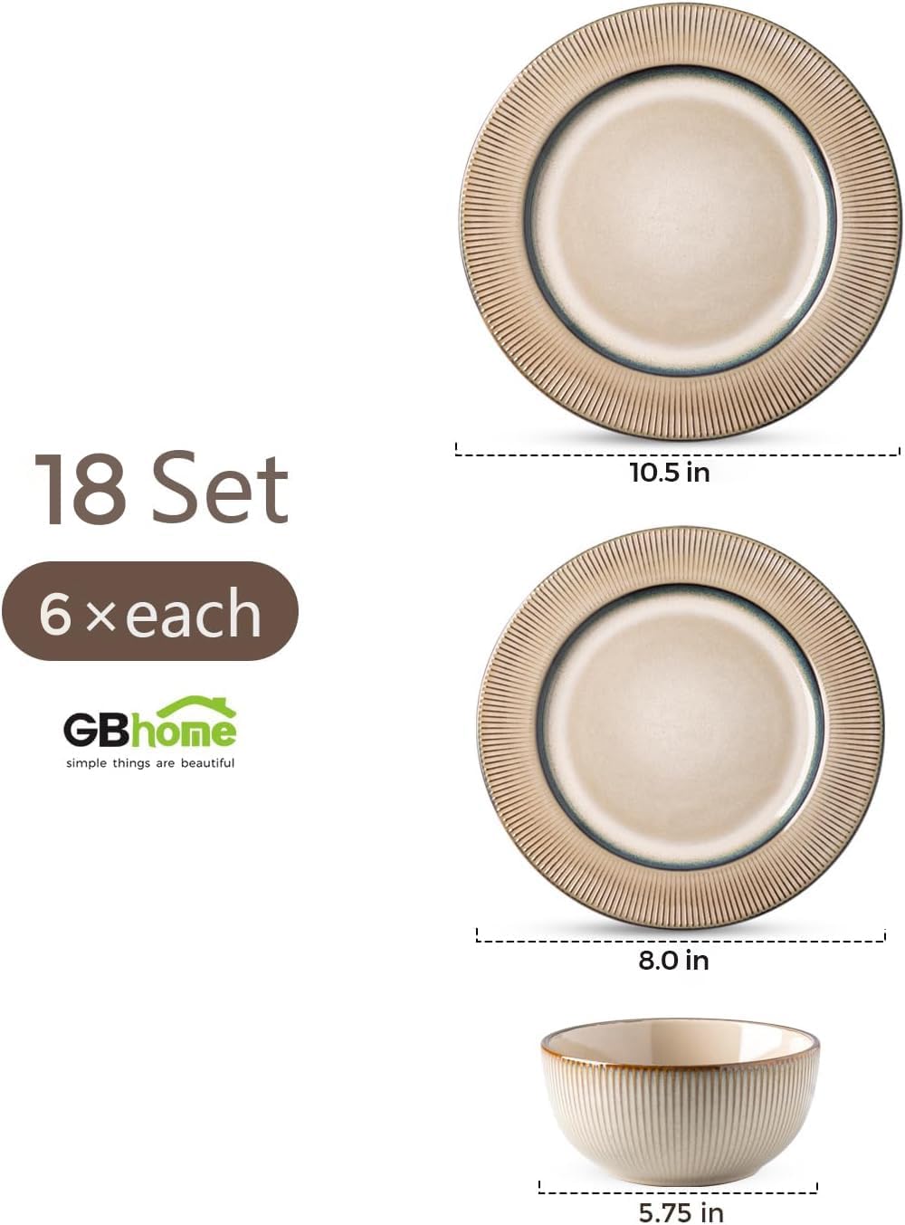 GBHOME Ceramic Dinnerware Sets, 18 Piece Embossed Elegant Stoneware Plates and Bowls Sets, Housewarming Wedding Gift | Dishwasher & Microwave Safe | Dishes Set Service for 6