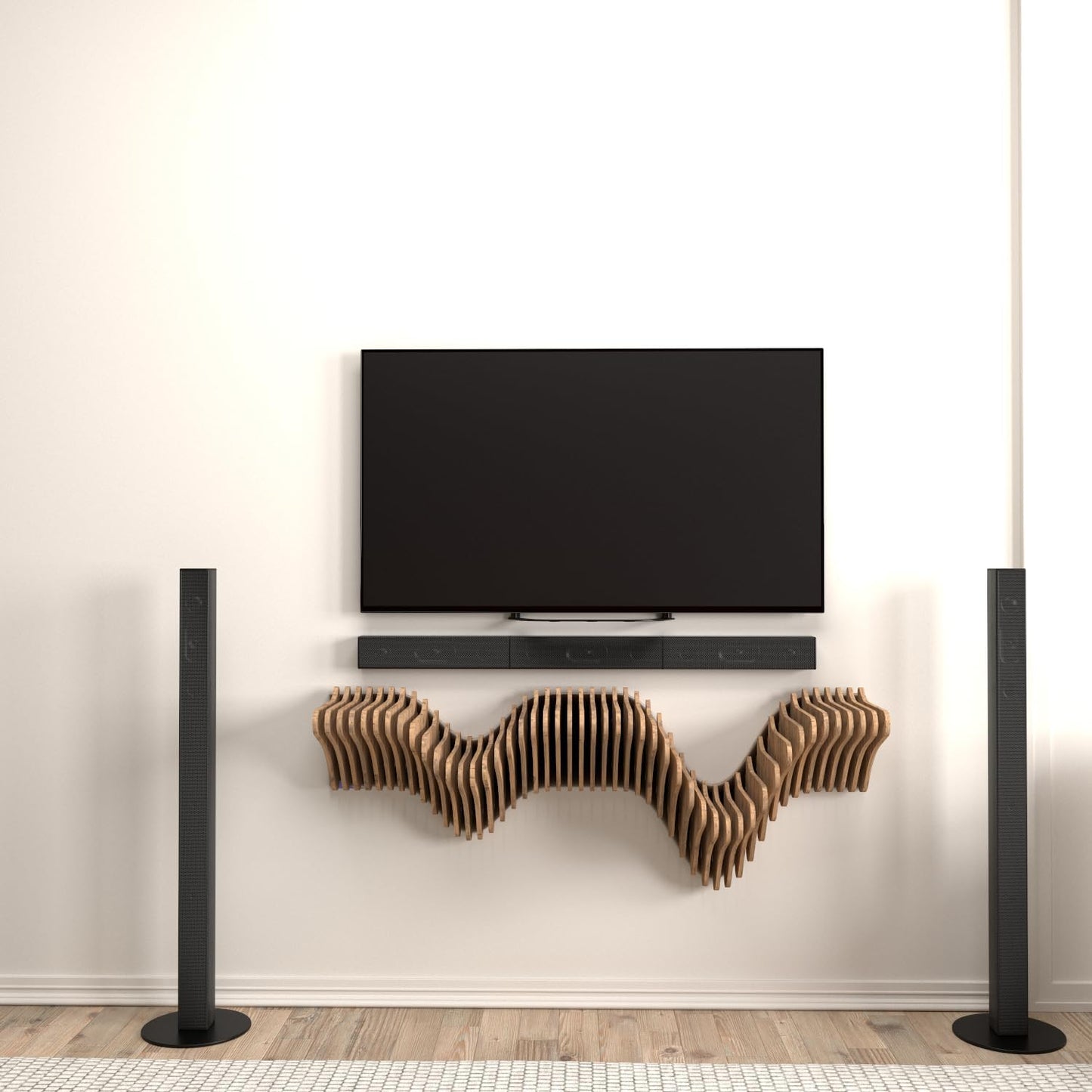 Parametric 40 inch Floating Shelf TV Unit Modern Geometric Wooden Wall Piece Decor Natural Oak Color 3D Wavy Living and Gaming Room Shelf