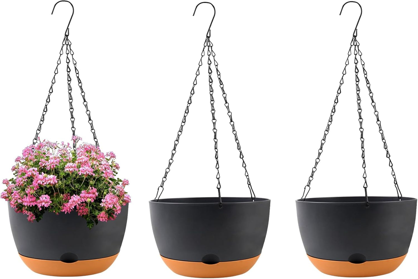 10 inch Plant Pot Hanging Planters Self Watering Pots for Indoor Plants, 3 Pack Plastic Hanging Basket with Removable Tray for Home Garden Porch Balcony Patio Decor(Black)