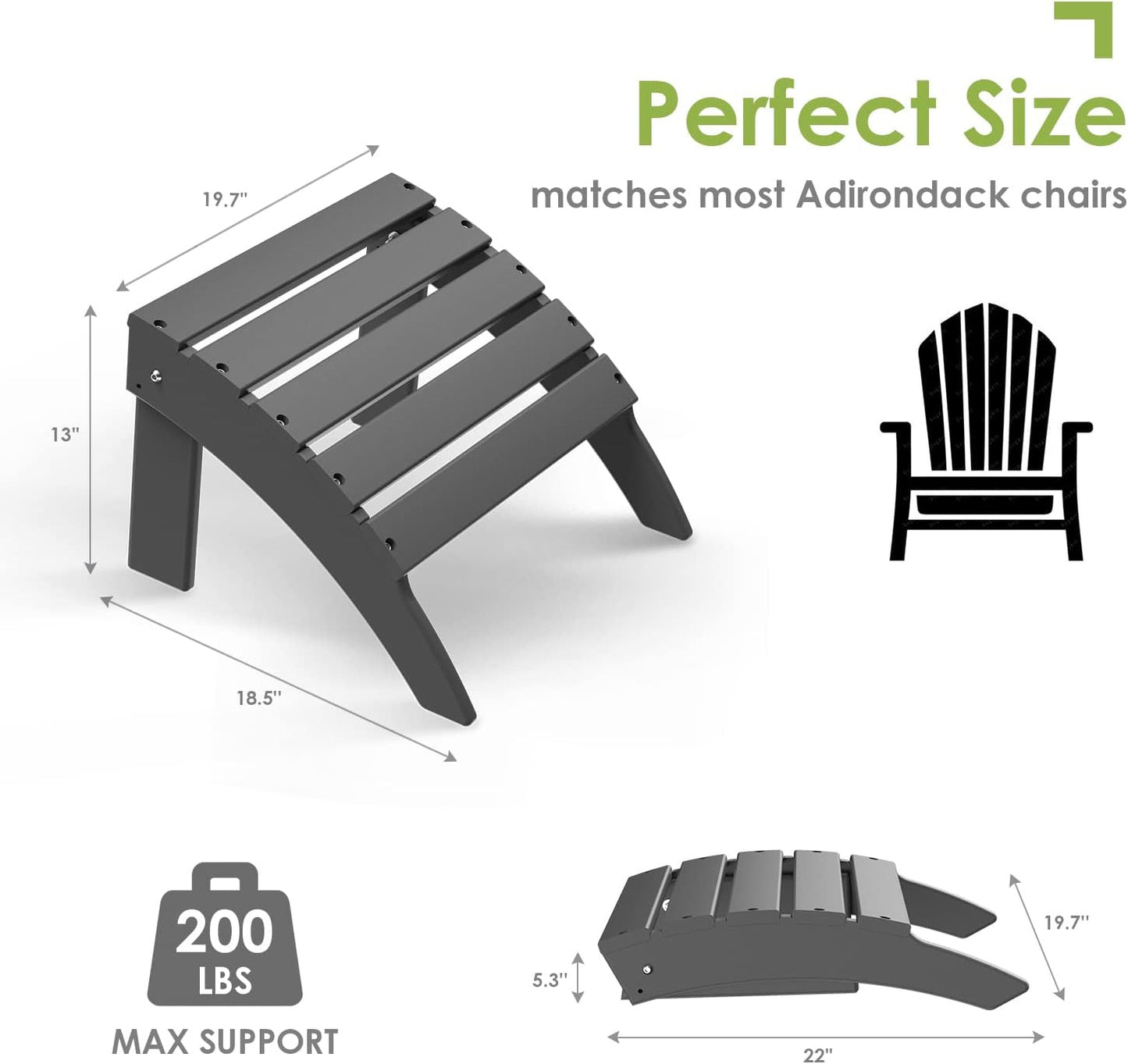 GREENVINES Adirondack-Ottoman | HDPE Plastic | Outdoor Footrest | All Weather | Foot Rest | Foot Stool | Grey | for Adirondack Chair | for Patio Backyard Pool