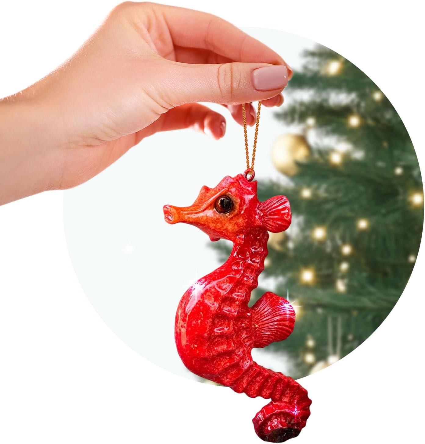 Hand-Painted Beach Christmas Ornament – Coastal Tree Decoration for Ocean Lovers – Unique Nautical Ornament for Christmas Tree or Stocking Stuffer Gift (Red Seahorse)