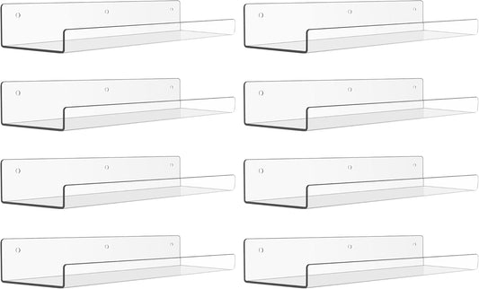 upsimples 8 Pack Acrylic Shelves Wall Organizer and Storage, 15" Display Shelf for Figure, Toy Cars, Perfume, Kids Bookshelf for Bedroom, Nursery, Craft Room, Clear