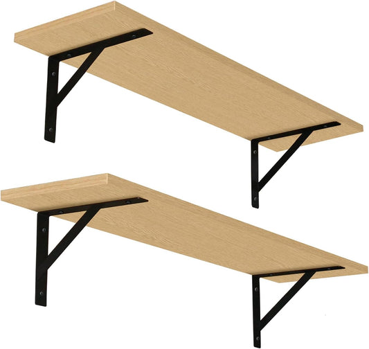 DINZI LVJ Long Wall Shelves, 31.5 Inch Wall Mounted Shelves Set of 2, Easy-to-Install, Wall Storage Ledges with Sturdy Metal Brackets for Living Room, Bathroom, Bedroom, Kitchen, Natural