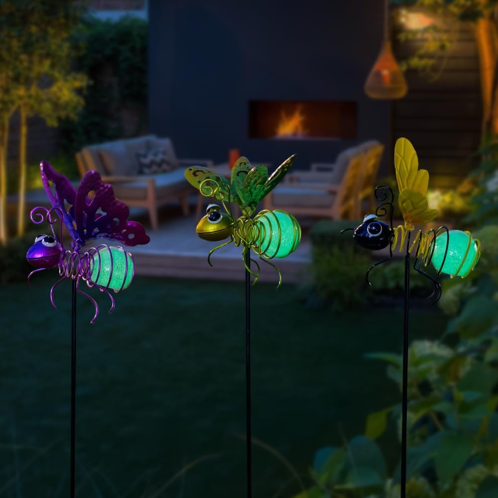 Garden Decor for Outside,3 Pcs Luminous Insect Garden Decorative Stakes,Glow in The Dark Bee Lights Metal Yard Art,Waterproof Outdoor Spring Lawn Patio Pathway Decoration for Mom,Women,Grandma