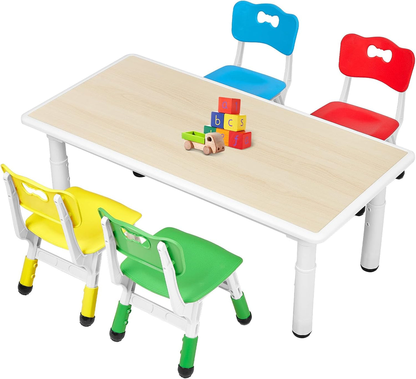FUNLIO Kids Table and 4 Chairs Set for Ages 3-8, Height Adjustable Toddler Table and Chair Set, Easy to Wipe Arts & Crafts Table, for Classrooms/Daycares/Homes, CPC & CE Approved(5 pcs Set)-Multicolor