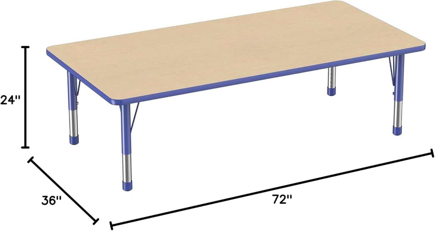 FDP Rectangle Activity School and Classroom Kids Table (36 x 72 inch), Toddler Legs, Adjustable Height 15-24 inches - Maple Top and Blue Edge