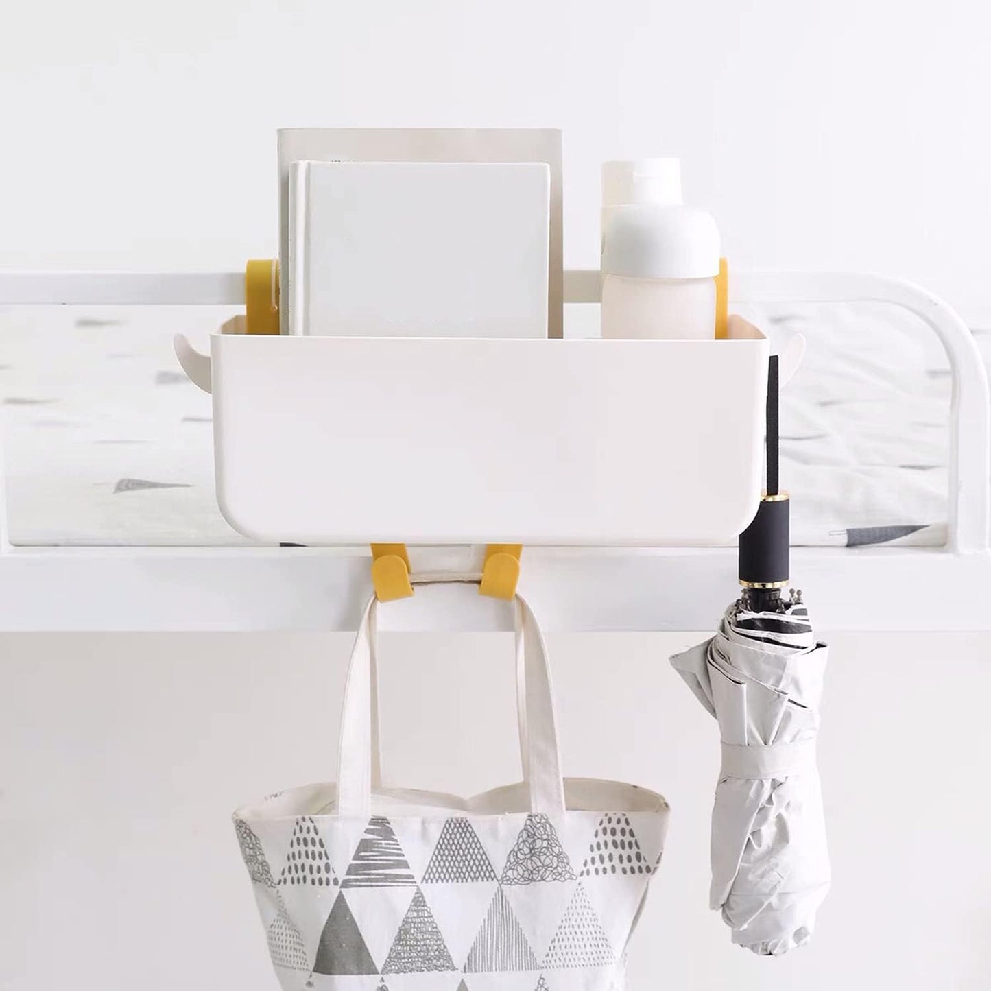 Bedside Hanging Caddy, Plastic Hanging Storage Shelf Holder Organizer for Phone Glasses Bottle Office Supplies in Dorm Room Bathroom Camper Rv - White (Caddy)