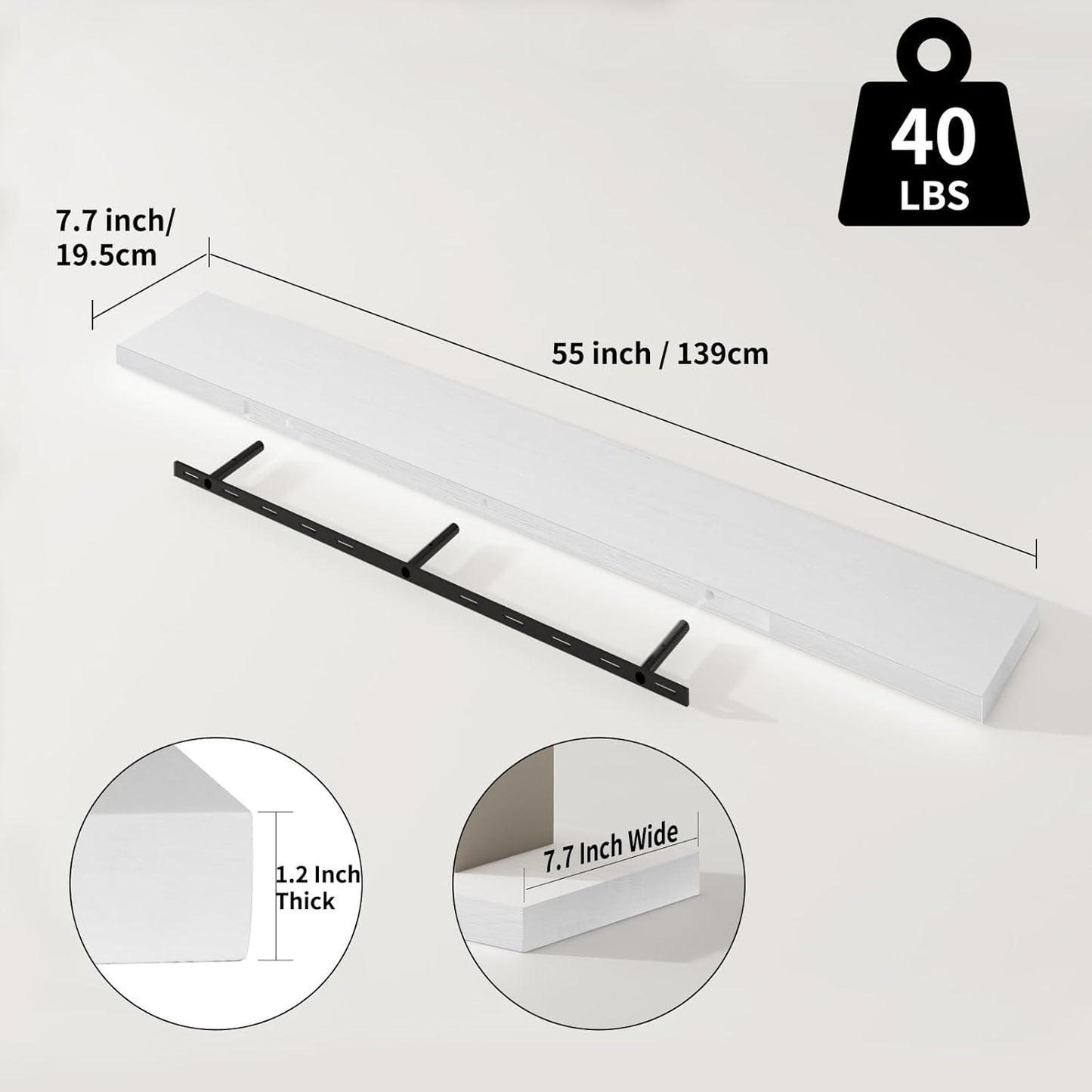 SAUMONIERES Floating Shelves 8 Inch Deep Solid Wood Wide Wall Shelf Set of 1 Wall Mounted for Bedroom Bathroom Living Room Kitchen, 55 Inch White