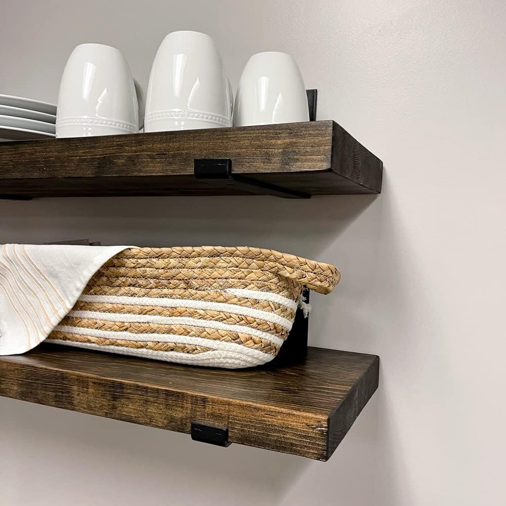 Rustic Shelves with J-Brackets Set of 2, Industrial Shelf, Kitchen Shelves, Solid Wood, Decorative Wall Storage, Heavy Duty, URBANDI (Dark Brown, 24Wx8D)