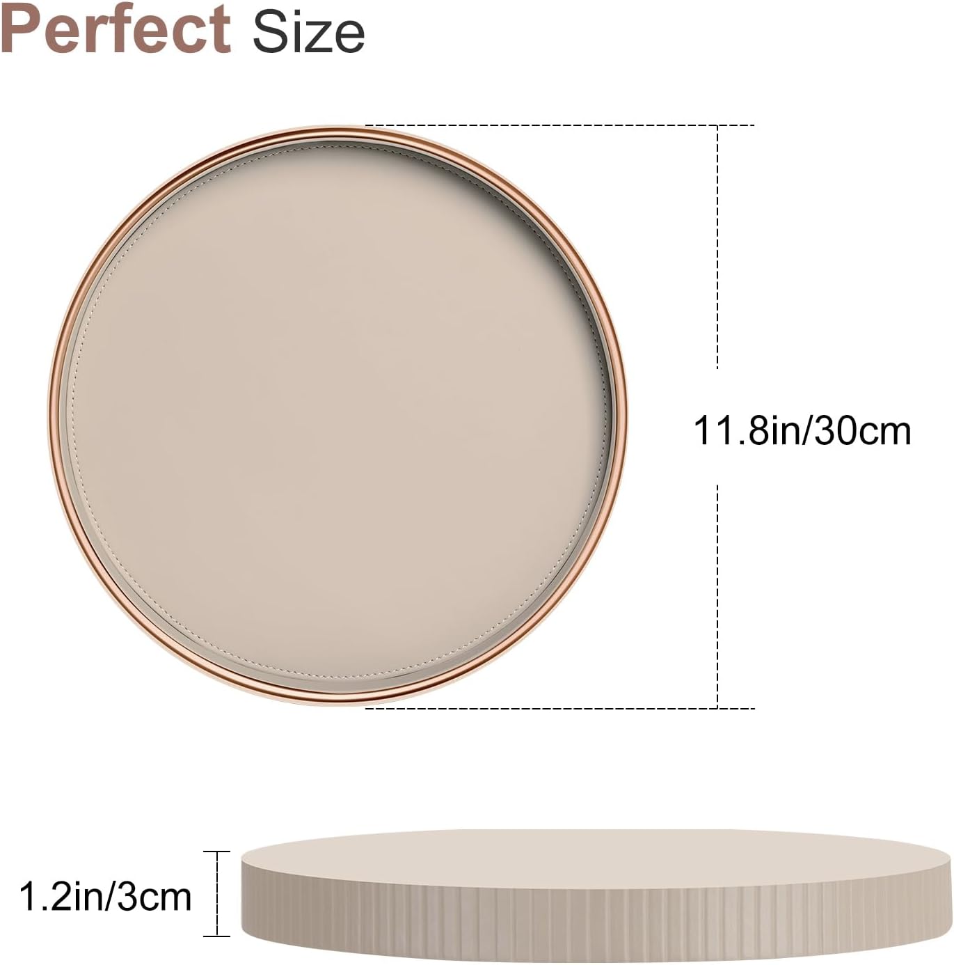 KINGFOM Decorative Serving Tray, PU Leather Valet Nightstand Desk Organizer for Men Women, Round Tray Decor for Coffee Table/Home Decor, Modern Decorative, Centerpiece (Beige)