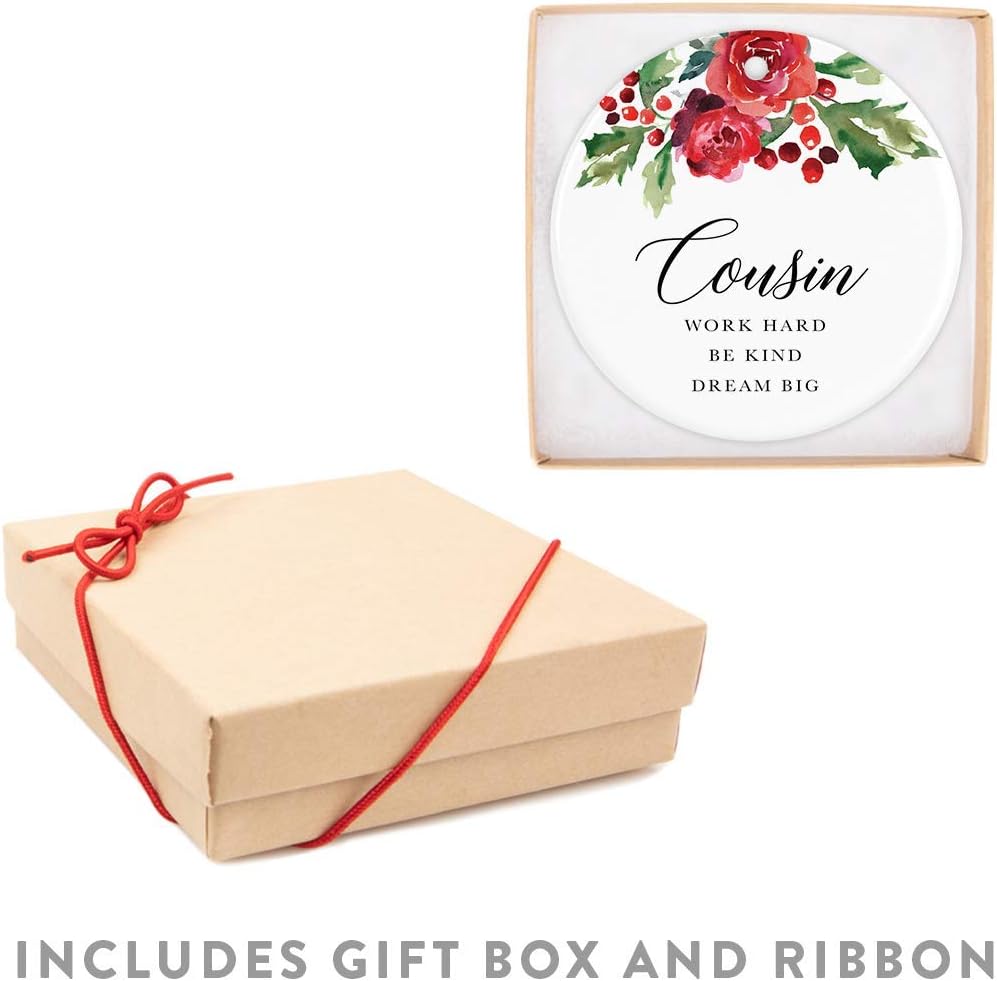 Andaz Press Round Ceramic Porcelain Christmas Tree Ornament Keepsake Gift for Cousins, Cousin Work Hard Be Kind Dream Big, 1-Pack, Includes Ribbon and Gift Box