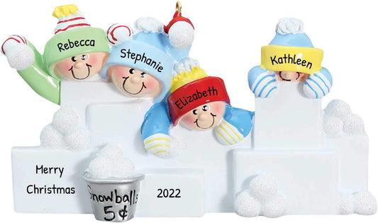 3D Snowball Fight Family of 4 Ornament 2025 Personalized Family Christmas Ornaments 2025 | Snowman Winter Holiday Personalized Tree Ornaments for Grandchildren, Siblings & Grandkids of Four Ornament