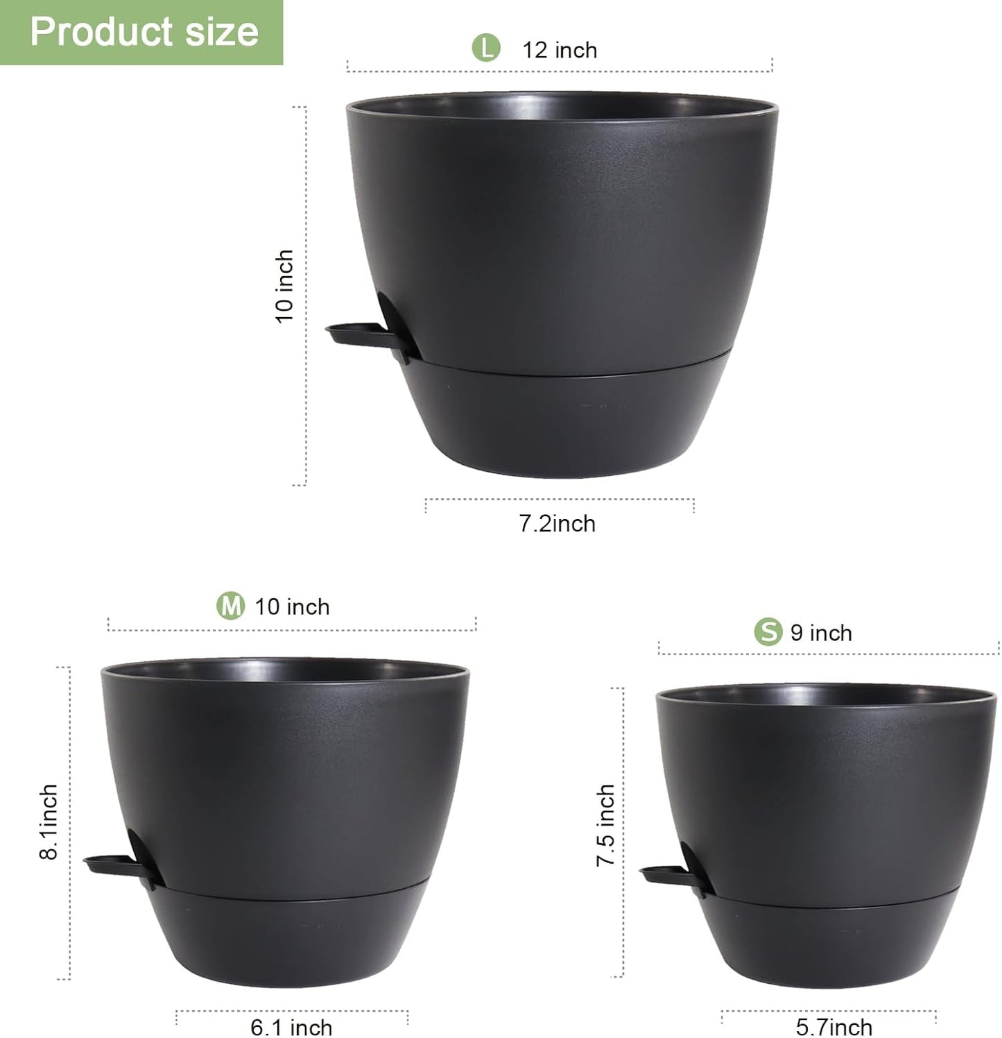 12/10/9 inch Large Self Watering Pots, Planter, Plant Pots with Mesh Drainage Holes for Indoor Outdoor Garden Plants, Plastic Flower Pots with Removable Deep Reservoir, Black