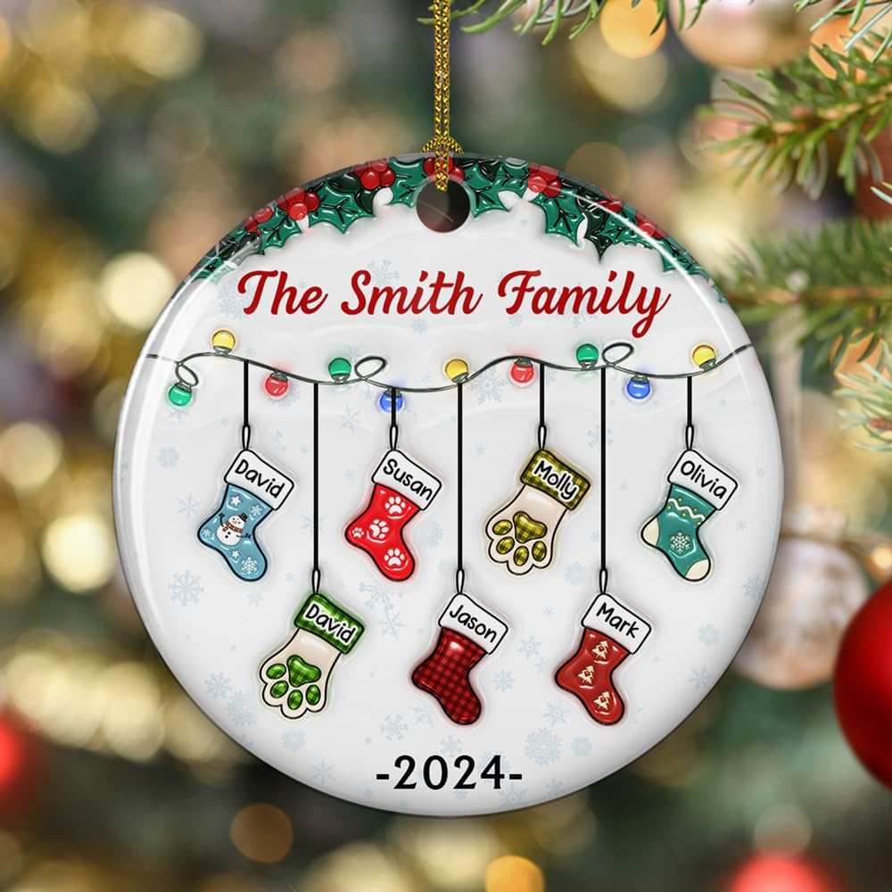 Stocking Personalized Family Christmas Ceramic Ornament 2025-3D Inflated Effect Custom Name Hanging Stock up to 10 Members, First Xmas as A Family Ornament Gifts (A04, 5 Names)