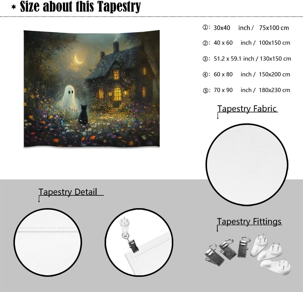 Halloween Black Cat and Ghost Tapestry Wall Hanging for Spooky Cute Bedroom Decor Dark Academia Moon Wildflower Cottage Tapestries Aesthetic for Home Living Room Decoration 40x60inch