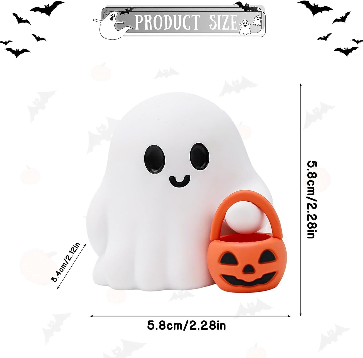 2 Pcs Halloween Ghost Figurine Cartoon Cute Spooky Carrying Pumpkin Basket Desk Display Ornament Tiny Trick or Treat Ghost Resin Halloween Statue for Home and Office Tabletop Decor Supplies