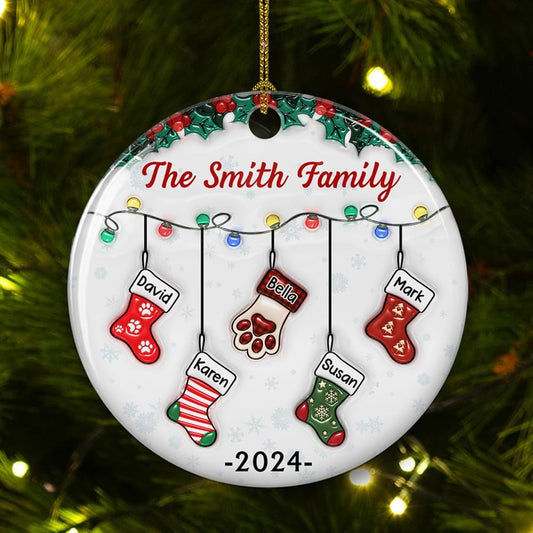Stocking Personalized Family Christmas Ceramic Ornament 2025-3D Inflated Effect Custom Name Hanging Stock up to 10 Members, First Xmas as A Family Ornament Gifts (A04, 8 Names)