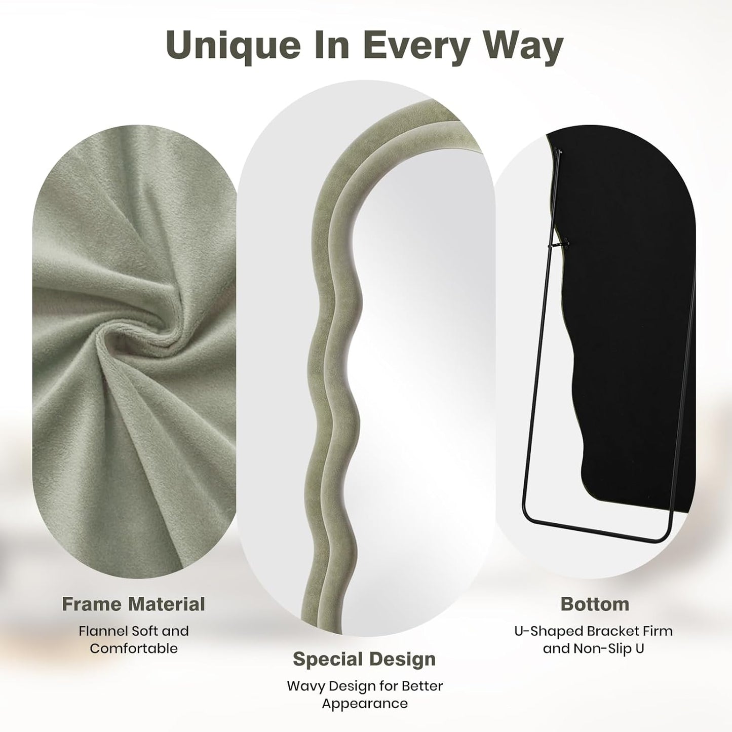 Full Length Mirror 63"x24" Arched Wavy Full Body Wall Mounted Floor Mirror with Stand Sage Flannel Frame Leaning Hanging Wall Mirror for Bedroom Entrance Hallway