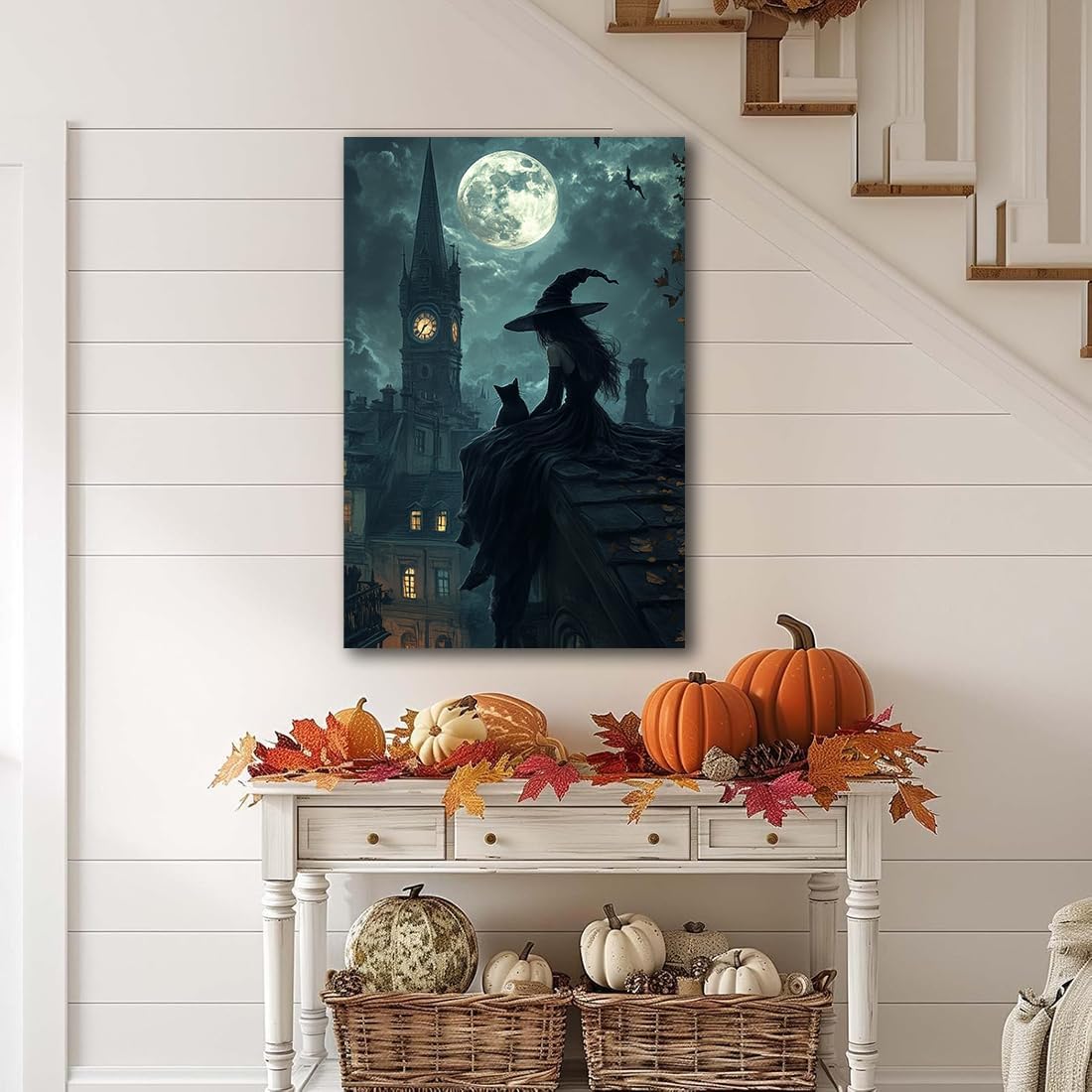 Halloween Witch Black Cat Wall Art,Magical Moon Witch on Roof with Black Cat at Night Scene Painting Haunting Dark Witches Canvas Print for Haunted House Party Decor Poster,24"x36" Unframed