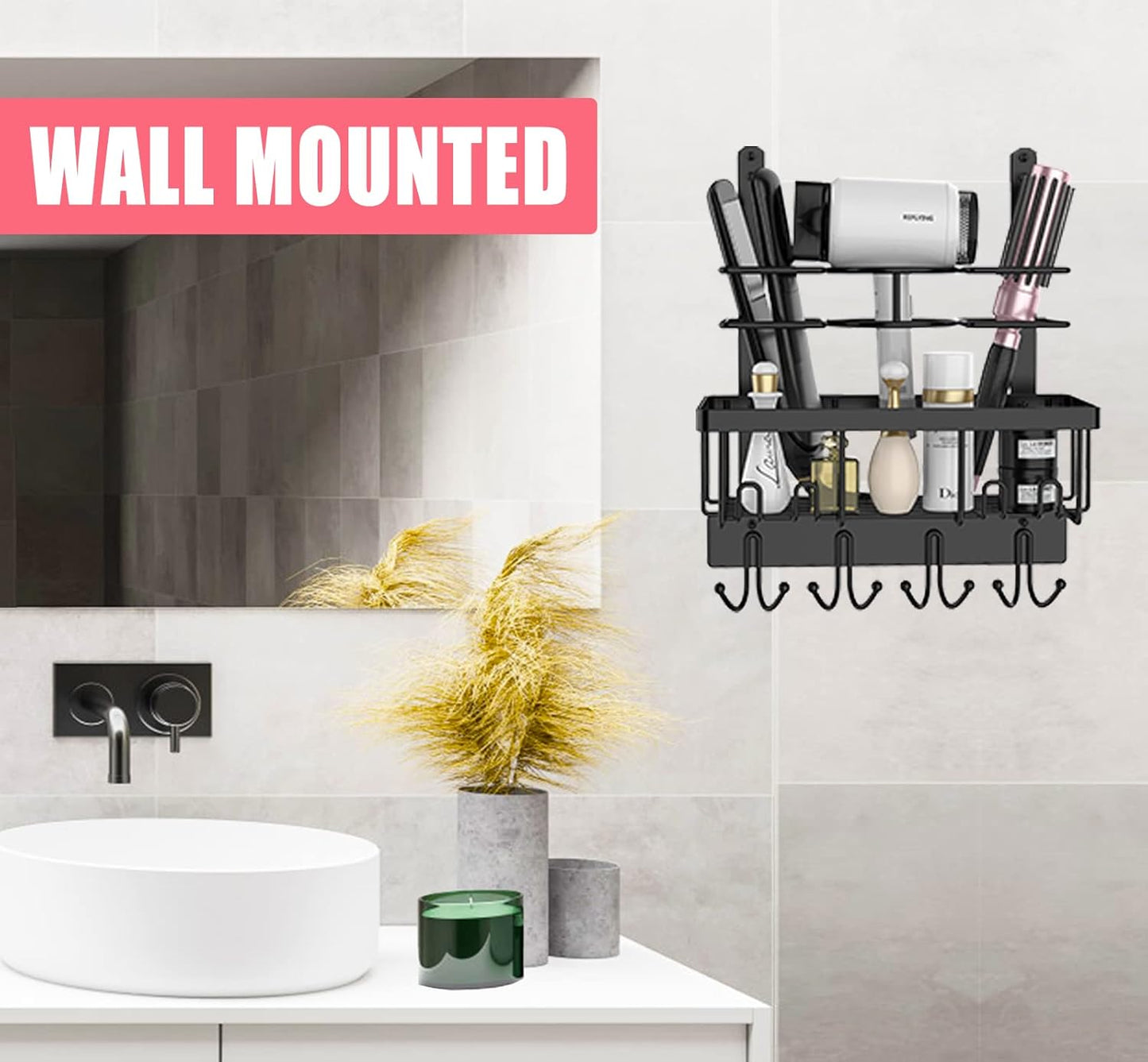 REFLYING Over-the-Door Hairdryer and Styling Tool Organizer, Metal, Black, 3 Compartments, 8 Hooks, 15"H x 10"W x 4.7"D